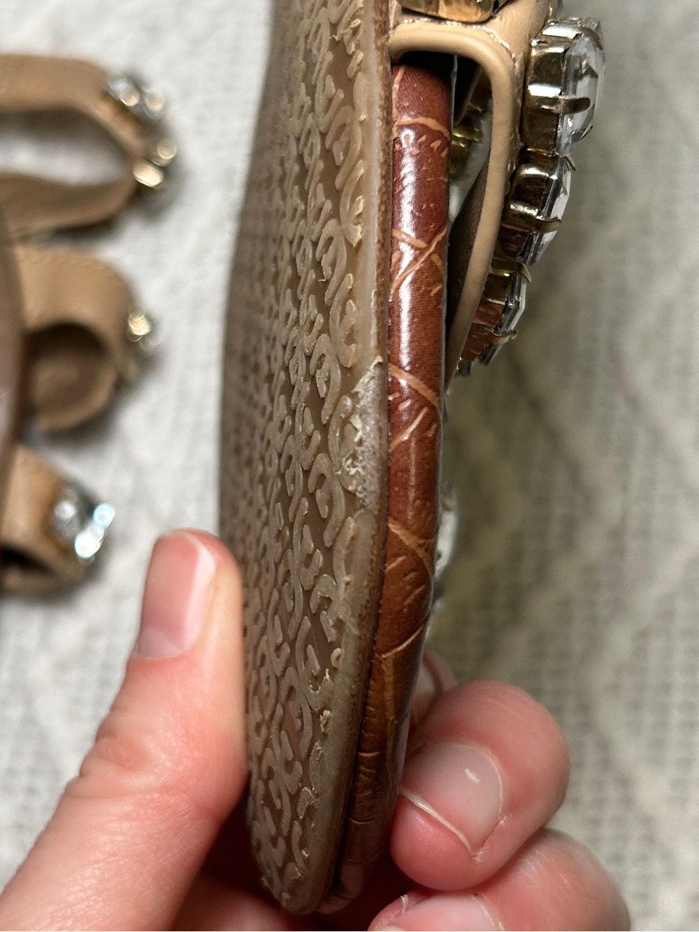 Sam Edelman Brown and Tan Crystal-Embellished Slide Sandals - Picture 4 of 6